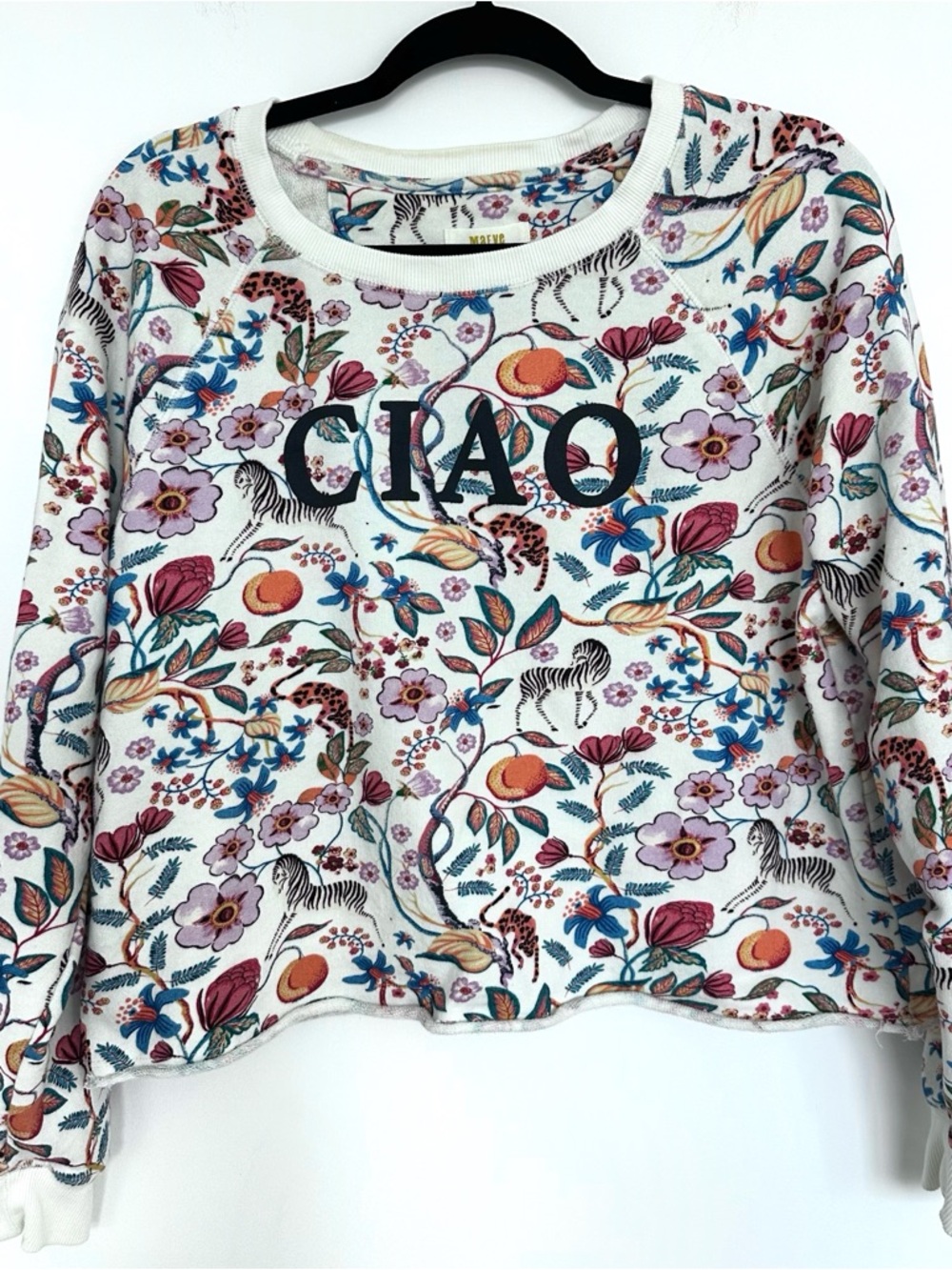 Anthropologie Maeve Ciao Floral and Animal Graphic Cropped Sweatshirt, M